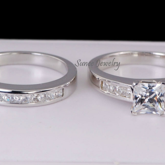 NEW 925 STERLING SILVER ENGAGEMENT RING WEDDING RING DIAMOND SET - Picture 2 of 3